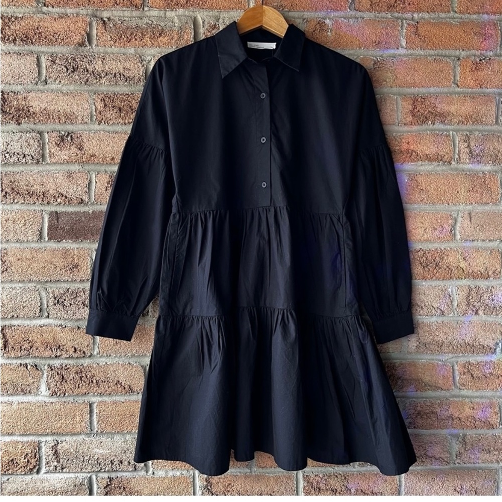 OAK + FORT | Black tiered 3/4 button up long sleeve lightweight mini dress
